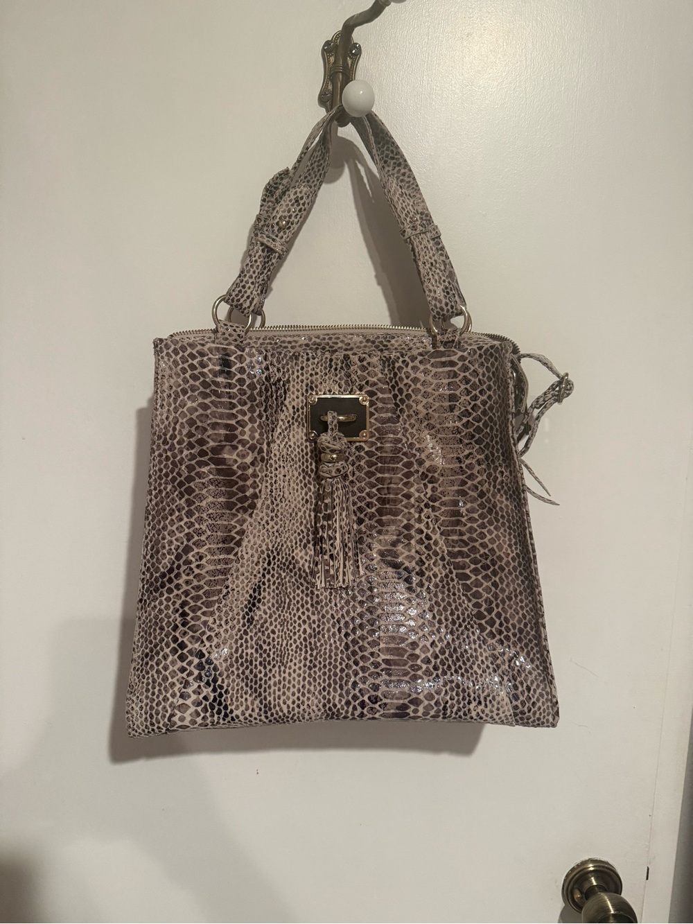 Elliott Lucca Taupe Snake-Print Satchel with Tassel Large size NEVER used